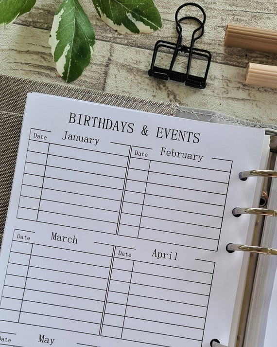 B6 Birthday and Event Inserts Printed Planner Inserts Ready Etsy