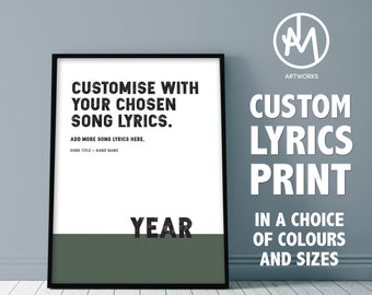 Custom Song Lyrics Print Wall Art in a choice of colours and sizes.