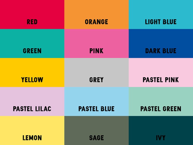 Puede incluir: Una carta de colores con 15 colores diferentes, incluyendo rojo, naranja, azul claro, verde, rosa, azul oscuro, amarillo, gris, rosa pastel, lila pastel, azul pastel, verde pastel, lim&oacute;n, salvia y hiedra.
