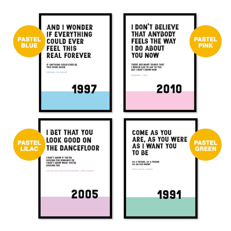 Puede incluir: Cuatro impresiones de arte de pared imprimibles con fondos de color pastel y texto negro. Las impresiones presentan letras de canciones y el a&ntilde;o en que se lanz&oacute; la canci&oacute;n. Las letras son: "And I wonder if everything could ever feel this real forever", "I don't believe that anybody feels the way I do about you now", "I bet that you look good on the dancefloor", and "Come as you are, as you were as I want you to be".