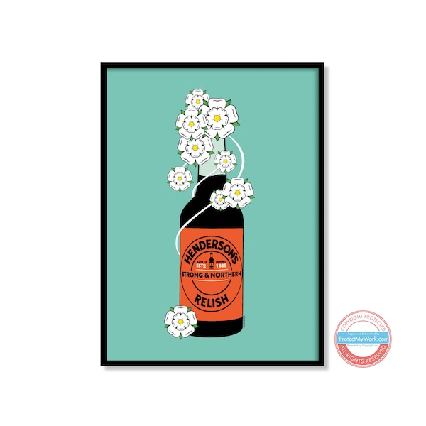 Impresión artística de pared de Sheffield con rosas de Yorkshire y salsa Hendo's Relish de Henderson