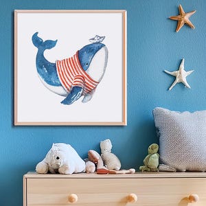 Blue Whale Poster Whale Nursery Art Print Baby Animal Poster Nautical Nursery Decor Whale Watercolor Artwork Ocean Life Print Fish Painting