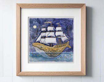 Impresión artística de acuarela de ballena, póster surrealista de velero, decoración náutica para guardería, cuadrado, 30 pulgadas