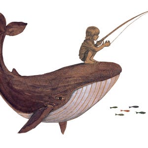 Puede incluir: Una ballena marr&oacute;n con la panza blanca nada en el oc&eacute;ano. Una persona est&aacute; sentada encima de la ballena y pescando con una ca&ntilde;a. Hay varios peces peque&ntilde;os nadando en el agua.