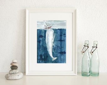 White Whale,Moby Dick,Whale And Tall Ship,Illustrations Prints,Ocean Art Prints,Nautical Wall Art,Wall Art,Instant Download,Whale Poster