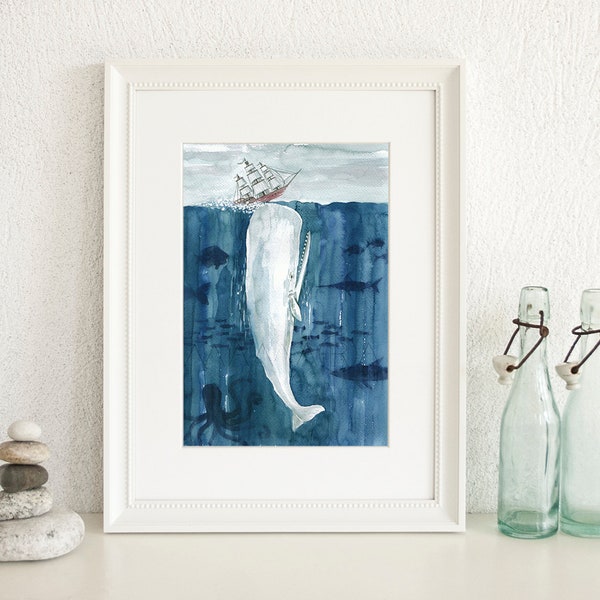 White Whale,Moby Dick,Whale And Tall Ship,Illustrations Prints,Ocean Art Prints,Nautical Wall Art,Wall Art,Instant Download,Whale Poster