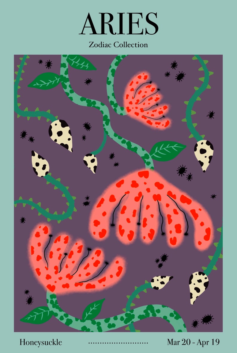 Aries Flower Art Print Zodiac Collection Etsy