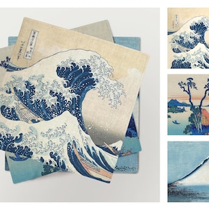 Set di tovaglioli, Katsushika Hokusai, tovaglioli di lino, tre diverse opere d'arte, decoro giapponese, tessuto giapponese, 100% lino