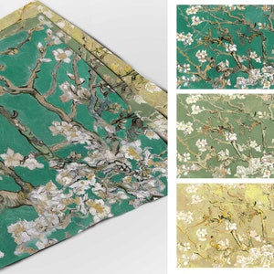 Könnte beinhalten: Ein Set aus drei Geschenkpapierbögen mit einem Gemälde eines blühenden Mandelbaums mit weißen Blüten vor grünem Hintergrund. Das Papier ist im Vintage-Stil mit impressionistischen Elementen bedruckt.