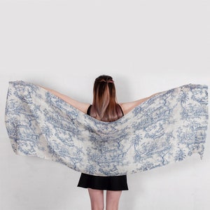Toile Linen Scarf, Elegant Artistry for Timeless Style, toile de Jouy