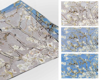 Manteles individuales de lino con diseño de flor de almendro, arte de Van Gogh, juego de 6