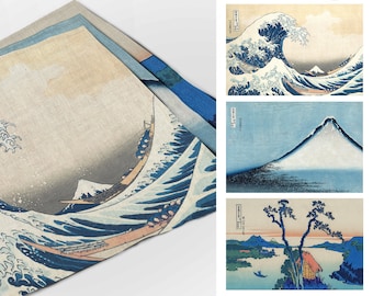 Placemats set, Katsushika Hokusai, linen placemats, three different artworks, Japan decor, Japan fabric, 100% linen, Europe