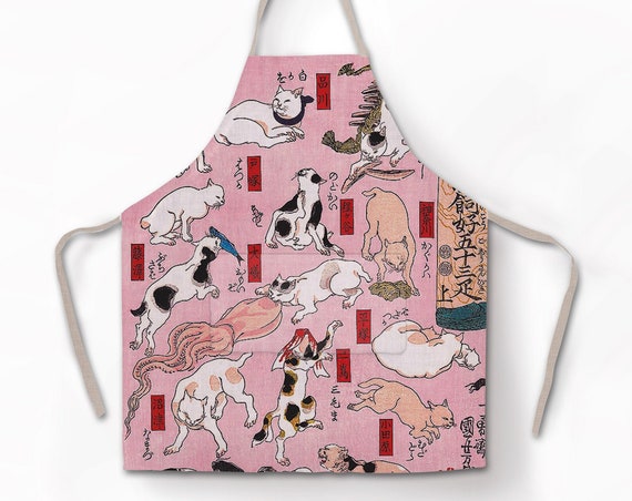 Linen apron, Utagawa Kuniyoshi, Cats Suggested by the Fifty-three Stations of the Tokaido", 100% linen, cross back apron