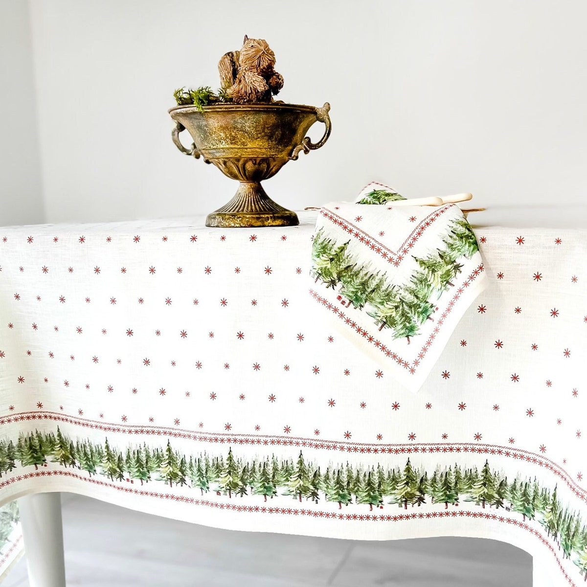 Christmas Tablecloth, Ethno-festive Fir, Linen Tablecloth, Vintage Christmas, Gift Idea, Rectangle Tablecloth, Holiday Table Top - Etsy