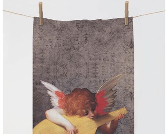 Linen Kitchen Towel, Cherub Playing Lute, Rosso Fiorentino