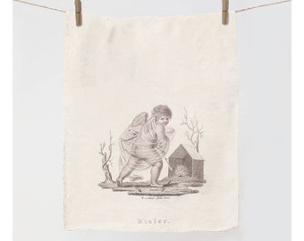 Torchon, Putto avec châle, Willem van Senus, 1808, serviette en lin, torchon vintage, 100 % lin