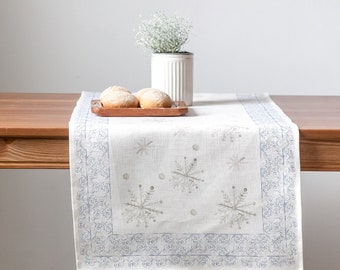 Table runner, Snow flakes, holiday decor, Christmas table runner,  linen table runner, wabi sabi, housewarming gift, Christmas gift, linen