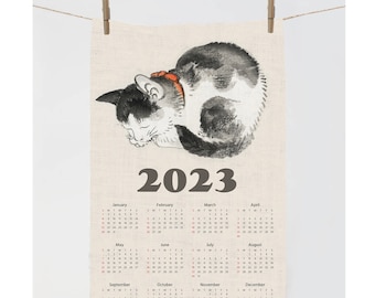 2023 Kalenderhandtuch, Geschirrtuch, Handtuchillustration, Katzenhandtuch, Sternzeichen-Geschirrtuch, Leinentuch, 100 % Leinen