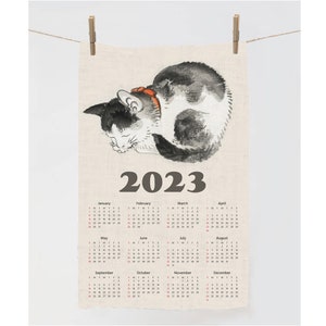 2023 Calendar Towel, Tea towel, towel illustration, Cat towel, Zodiac Tea Towel, linen towel, 100% linen