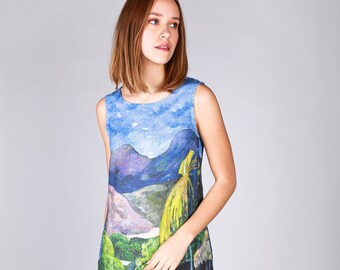 Vestido de lino con estampado Gauguin, túnica bohemia sin mangas