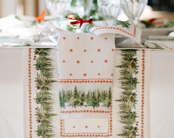 Table runner, Ethno-Festive Fir, Christmas table top, Christmas decor, Holiday table linens, 100% linen, linen table runner