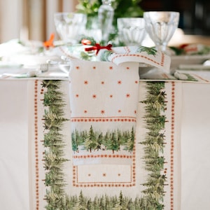 Table runner, Ethno-Festive Fir, Christmas table top, Christmas decor, Holiday table linens, 100% linen, linen table runner image 1