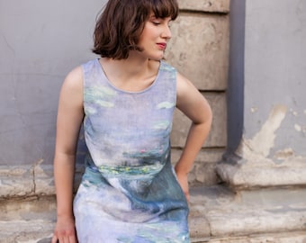 Linen Dress, Claude Monet Water Lilies Print, Sleeveless Summer Dress