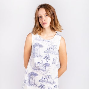 Linen dress, Toile de Jouy, white linen dress, summer dress, 100% linen, purple linen dress, sleeveless dress