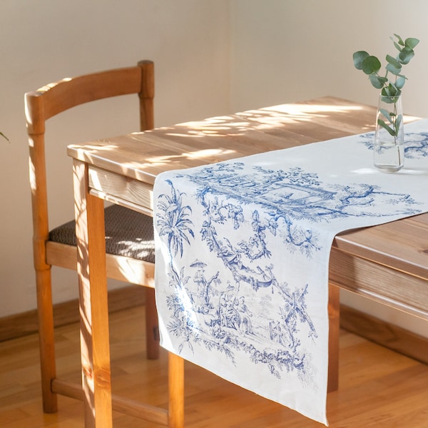 Toile de Jouy, chemin de table, chemin de table en lin, 100 % lin, chemin de table personnalisé, fabriqué à la main en Lituanie