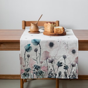 Table runner, poppies, pastel poppies, blue decor, easter table runner, easter decor, linen tablecloth, housewarming gift, bridal shower
