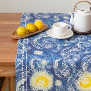 Camino de mesa, Vincent van Gogh, Noche estrellada, camino de mesa de lino, patrón de corredor de mesa, tela 100% lino