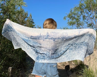 Van Gogh Linen Scarf, Arles Irises Print, Stonewashed Toile