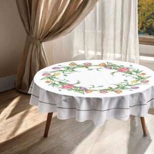Runde Tischdecke, Papageientulpen, Osterdekor, 100% Leinen, Leinentischdecke, Bauernhausdekor, rustikale Dekoration, Hochzeitsgeschenk