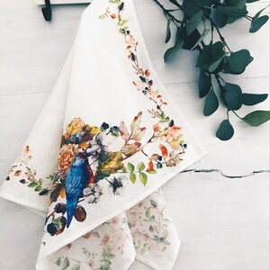 Hand Painted Linen Kitchen Towel, Autumn Bird Design