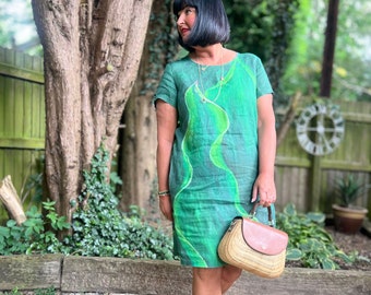 Handmade Wabi Sabi Linen Dress, Green Fashion with Pockets