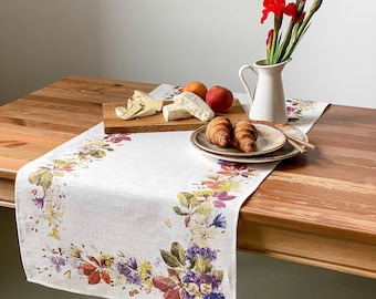 Autumn Floral Linen Table Runner, Custom Size, Farmhouse Style