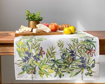 Chemin de table, olives, cadeau de pendaison de crémaillère, chemin de table de Pâques, pendaison de crémaillère, chemin de ferme, décoration de table, lin, nappe, fait main