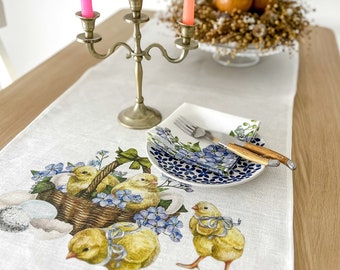 Linen Easter Table Runner, Chick and Egg Basket Print