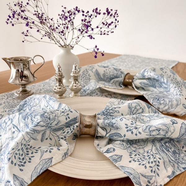 Floral Linen Napkins Set, Vintage Style, Dinner Napkins