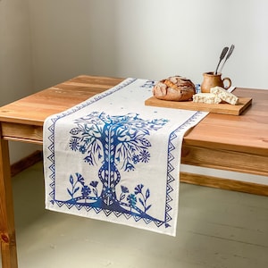 Linen Table Runner, Ethnic Paper Cut Design, Handmade Home Decor