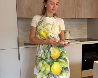 Linen Apron, Blossoming Lemon Tree Print, Cross Back Design