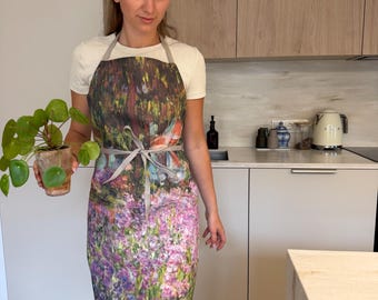Linen Apron, Claude Monet 'Garden at Giverny' Print, Chef Apron