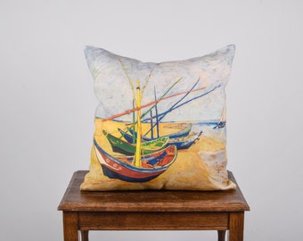 Fishing Boats On The Beach, 1888 by Van Gogh, Cushion cover, Linen pillow, Wholesale pillow, 18x18 pillow, linen pillow cover