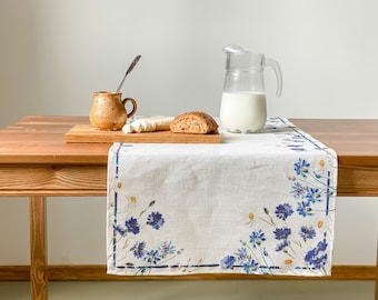 Linen table runner, Cornflowers, 100% linen, table runner, coffee table runner, table cover, art on linen