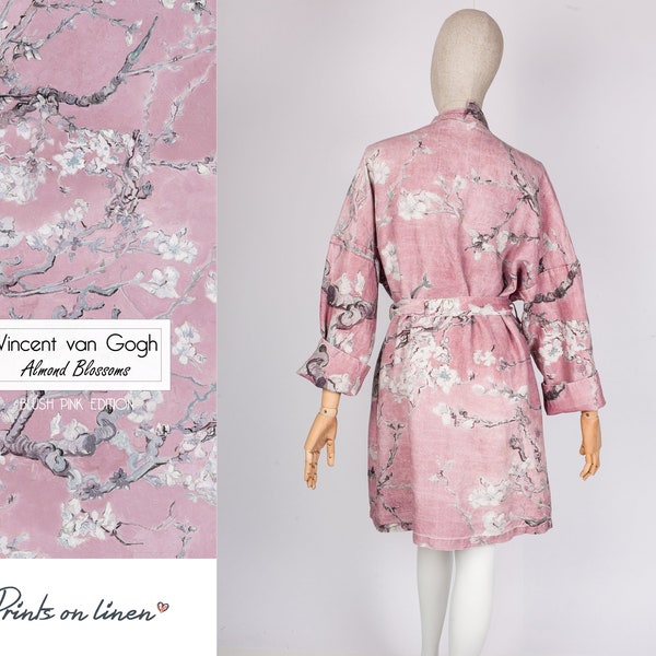 Van Gogh, kimono robe, kimono cardigan, bathrobe, Almond blossom, bridesmaid gift, Linen robe, linen, Linen bathrobe, organic, gift for her