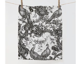 Toalla de cocina de lino, pavos reales Toile de Jouy, decoración hecha a mano