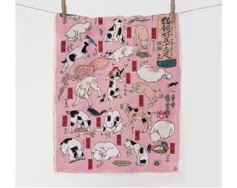 Utagawa Kuniyoshi, Cats, Fifty-three Stations of the Tokaido, 17" x 27", kitchen towel, linen towel, 100% linen, towel with hook