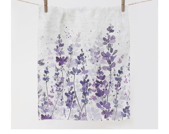 Linen Tea Towel, Watercolor Lavender Print, Kitchen Decor