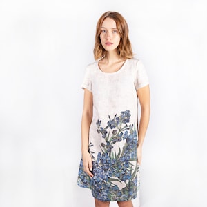 Linen dress, Irises, Van Gogh, artist dress, Stylish Artwear, Painterly Dresses , Artful Elegance, Floral dress