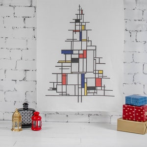 Albero di Natale, Piet Mondrian, Arte murale, 100% lino, Decorazioni natalizie, Arazzo da parete, Arazzo in tessuto, Decorazioni per le feste, Arazzo da studio